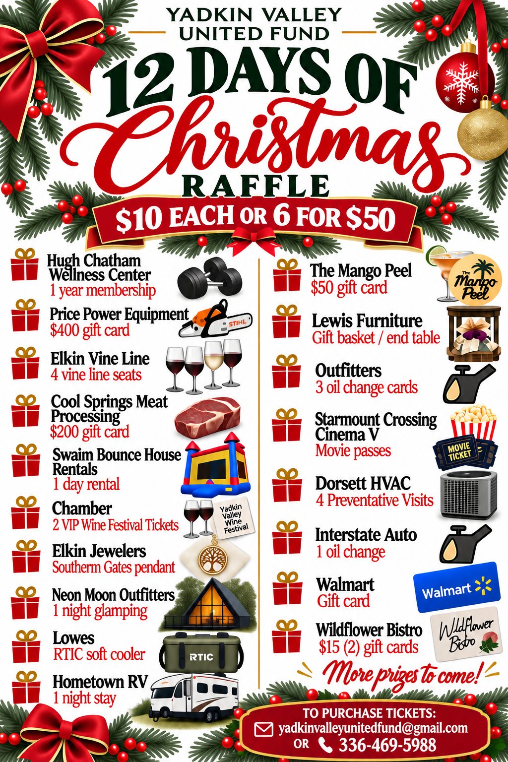 Yadkin Valley United Fund 12 Days of Christmas Raffle flyer - $10 each or 6 for $50